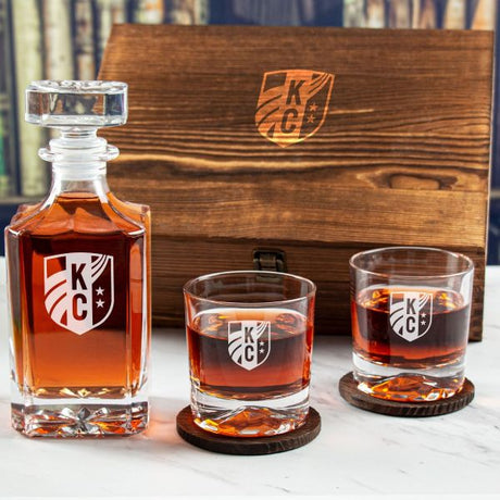 Custom Engraved Kansas City Current - Personalized Whiskey Decanter Set In Wood Gift Box