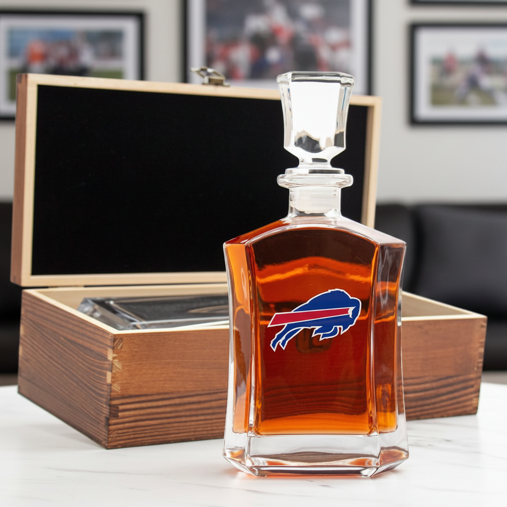 Buffalo Bills team-logo decanter in a rustic wood box