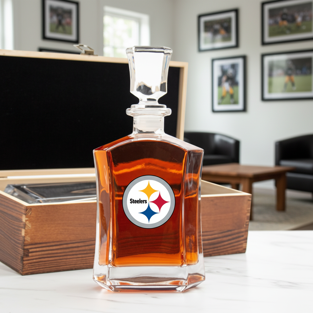 Pittsburgh Steelers – Full Color Team Logo Capital Decanter in Rustic Wood Box