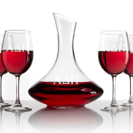Custom Engraved Alpha Delta Pi - Slanted Top Wine Decanter With Stem Wine Glasses