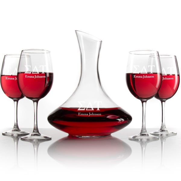 Custom Engraved Sigma Delta Tau - Slanted Top Wine Decanter With Stem Wine Glasses