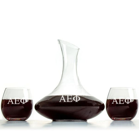 Custom Engraved Alpha Epsilon Phi -  Slanted Top Wine Decanter With Wine Glasses