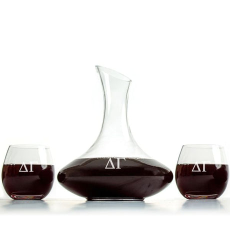 Custom Engraved Delta Gamma -  Slanted Top Wine Decanter With Wine Glasses