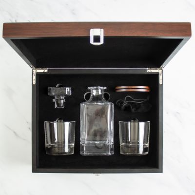 Customized Engraved Dark Brown Wood Box Decanter Set With Rocks Glasses - NCAA Michigan Wolverines