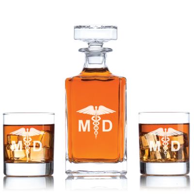 Caduceus Personalized Decanter Set for Doctors - Liquor Decanter Set - Working Professional - Office Gifts