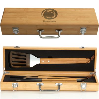 Custom Engraved Penn State Bamboo BBQ Set - Personalized Bamboo BBQ Tool Set