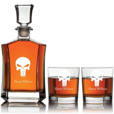 Engraved Punisher Emblem - Personalized Crown Decanter Set with Whiskey Glasses