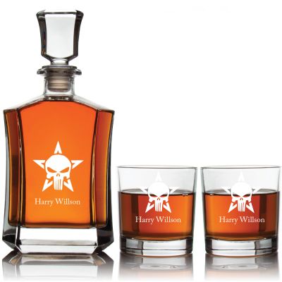 Engraved Wing Skull Dagger - Personalized Crown Decanter Set with Whiskey Glasses