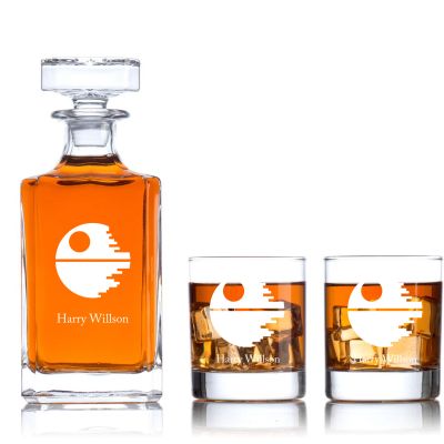 Engraved Death Star - Personalized Classic Decanter Set with Old Fashioned Whiskey Glasses