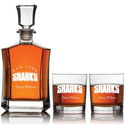 Engraved San Jose Sharks - Personalized Crown Decanter Set with Whiskey Glasses