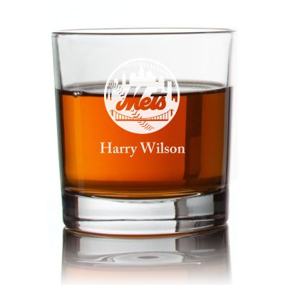 Engraved Mets Round Logo Rocks Glass - Personalized Whiskey Glasses - Man Cave Gift Ideas - Gifts For Him - Baseball Fanatics - 2pcs