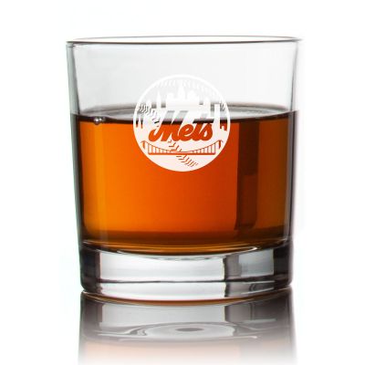Engraved Mets Round Logo Rocks Glass - Personalized Whiskey Glasses - Man Cave Gift Ideas - Gifts For Him - Baseball Fanatics - 2pcs