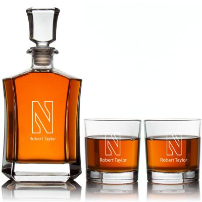 Engraved Northwestern Wildcats - Personalized Crown Classic Decanter Set Whiskey Glasses