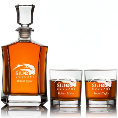 Engraved SIUE Cougars - Personalized Crown Classic Decanter Set Whiskey Glasses