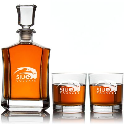 Engraved SIUE Cougars - Personalized Crown Classic Decanter Set Whiskey Glasses