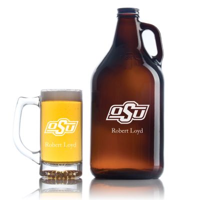 Personalized Oklahoma State Cowboys Football Growler Set - Football Fanatic Gift Ideas - Personalized Amber Growler with Cap - Includes Beer Glass 