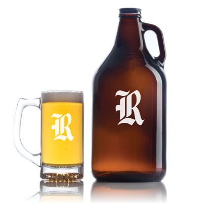 Personalized Rice Owls Letter Football Growler Set - Football Fanatic Gift Ideas - Personalized Amber Growler with Cap - Includes Beer Glass 