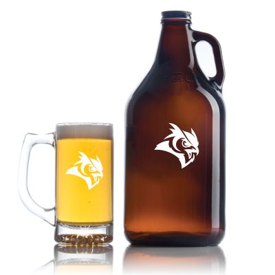 Personalized Rice Owls Football Growler Set - Football Fanatic Gift Ideas - Personalized Amber Growler with Cap - Includes Beer Glass 