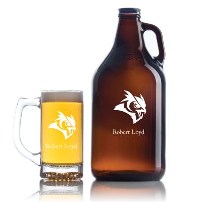 Personalized Rice Owls Football Growler Set - Football Fanatic Gift Ideas - Personalized Amber Growler with Cap - Includes Beer Glass 