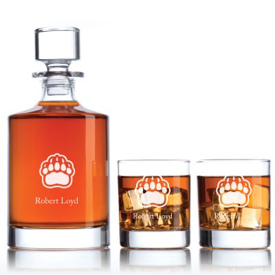 Personalized Brown Bears Paw University Decanter Set - Football Fanatic Gift Ideas - Bellagio Personalized Whiskey Decanter