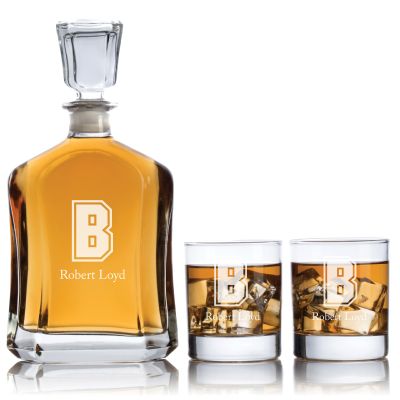 Personalized Brown Initial University Decanter Set - Football Fanatic Gift Ideas - Capitol Personalized Whiskey Decanter