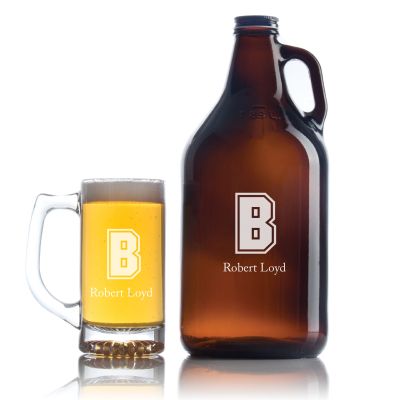 Personalized Brown Initial University Growler Set - Football Fanatic Gift Ideas - Personalized Beer Mug Growler Set