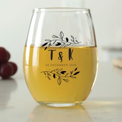 Initials with Leaves - 9 oz. ARC Perfection Stemless Wine Glasses