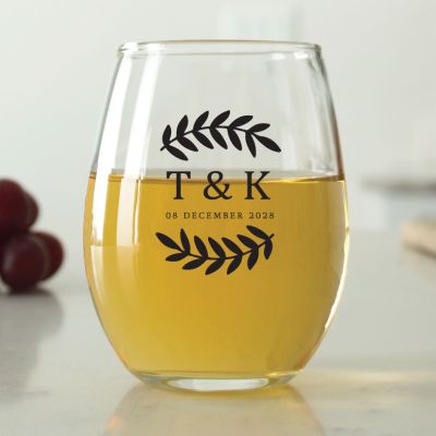 Laurel Leaf Large Type Initials - 9 oz. ARC Perfection Stemless Wine Glasses