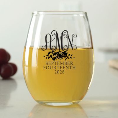 Three Letter Monogram with Rose - 9 oz. ARC Perfection Stemless Wine Glasses