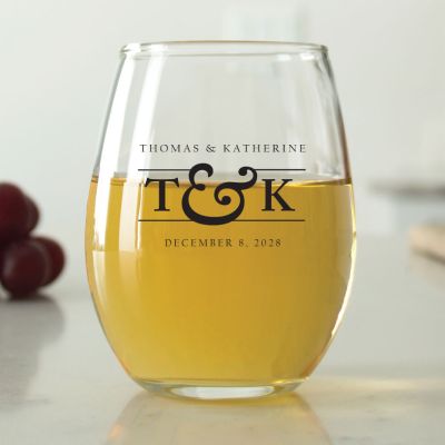 Initials Monogram Name and Date - 9 oz. ARC Perfection Stemless Wine Glasses