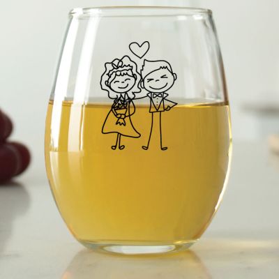 Stick Figure Bride and Groom - 9 oz. ARC Perfection Stemless Wine Glasses