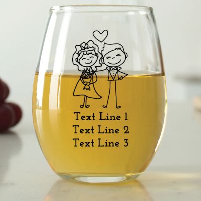 Stick Figure Bride and Groom - 9 oz. ARC Perfection Stemless Wine Glasses