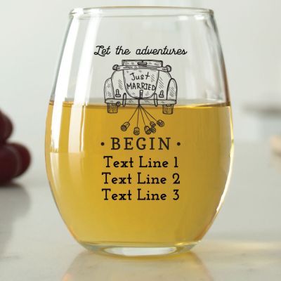 Let the Adventures Begin - Just Married Car - 9 oz. ARC Perfection Stemless Wine Glasses