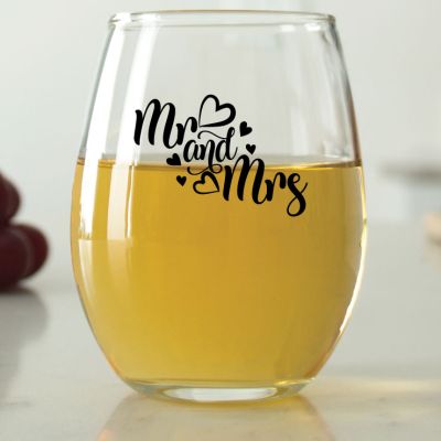 Mr & Mrs Hearts - 9 oz. ARC Perfection Stemless Wine Glasses