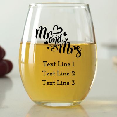 Mr & Mrs Hearts - 9 oz. ARC Perfection Stemless Wine Glasses