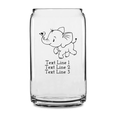 Personalized 16 oz Custom Can Shaped Glass - Cute Elephant with Bird - Customized Can Glasses
