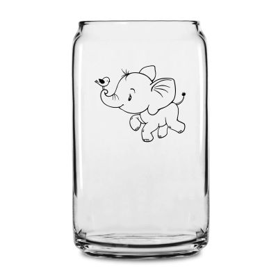 Personalized 16 oz Custom Can Shaped Glass - Cute Elephant with Bird - Customized Can Glasses