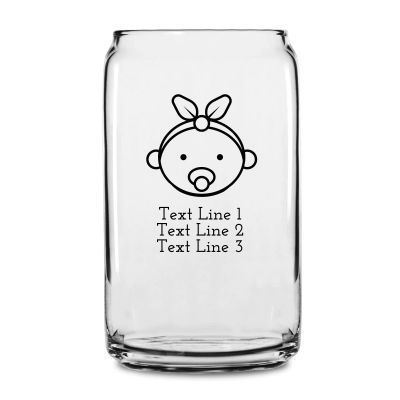Personalized 16 oz Custom Can Shaped Glass - Baby Girl with Pacifier - Customized Can Glasses