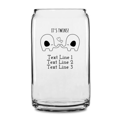 Personalized 16 oz Custom Can Shaped Glass - It's Twins Print Elephants - Customized Can Glasses