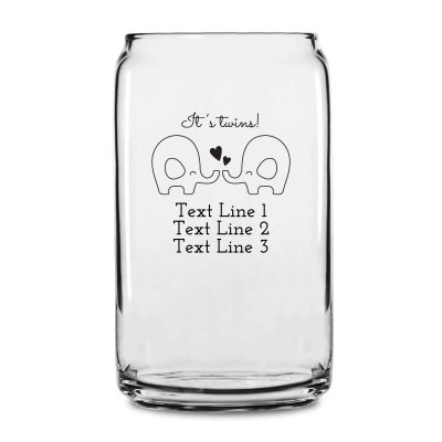 Personalized 16 oz Custom Can Shaped Glass - It's Twins Cursive Elephants - Customized Can Glasses