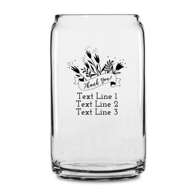 Personalized 16 oz Custom Can Shaped Glass - Thank You Banner with Flowers - Customized Can Glasses