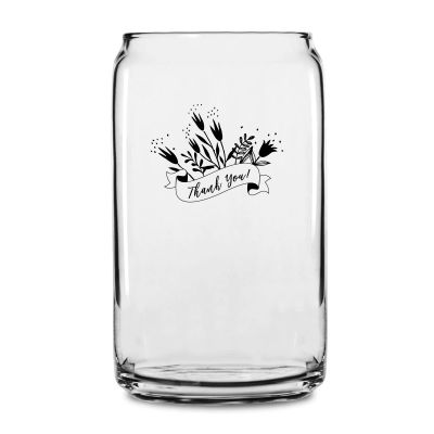 Personalized 16 oz Custom Can Shaped Glass - Thank You Banner with Flowers - Customized Can Glasses