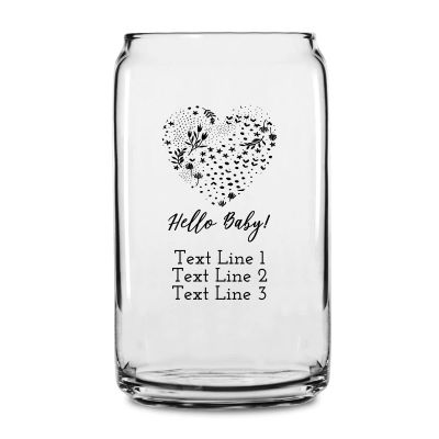 Personalized 16 oz Custom Can Shaped Glass - Hello Baby Heart with Stars and Flowers - Customized Can Glasses