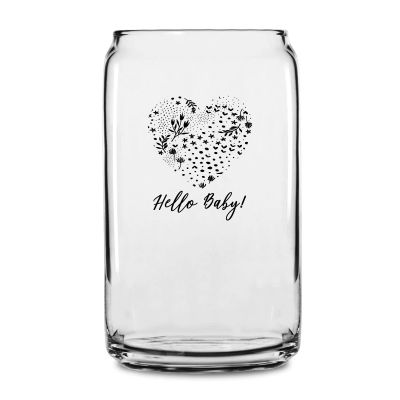 Personalized 16 oz Custom Can Shaped Glass - Hello Baby Heart with Stars and Flowers - Customized Can Glasses