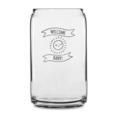 Personalized 16 oz Custom Can Shaped Glass - Welcome Baby Banner with Sun - Customized Can Glasses