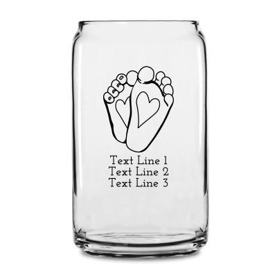 Personalized 16 oz Custom Can Shaped Glass - Baby Feet with Heart - Customized Can Glasses