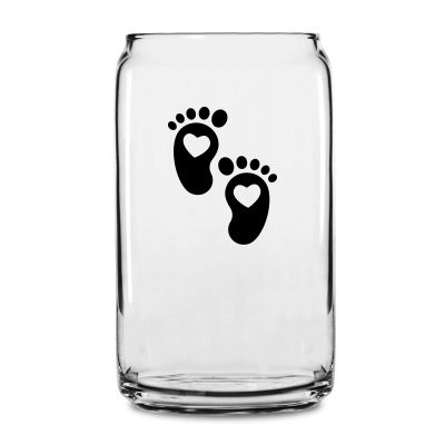 Personalized 16 oz Custom Can Shaped Glass - Silhouette Cartoon Baby Feet with Heart - Customized Can Glasses
