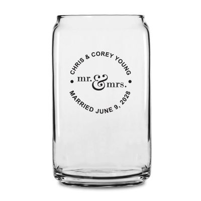 Personalized 16 oz Custom Can Shaped Glass - Mr. & Mrs. Circle Stamp - Customized Can Glasses