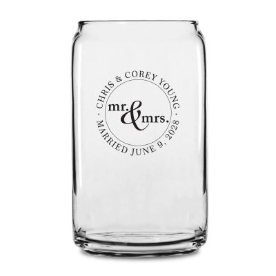 Personalized 16 oz Custom Can Shaped Glass - Mr. & Mrs. Circle Stamp No. 2 - Customized Can Glasses