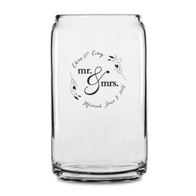 Personalized 16 oz Custom Can Shaped Glass - Mr. & Mrs. Circle Stamp with Leaves - Customized Can Glasses